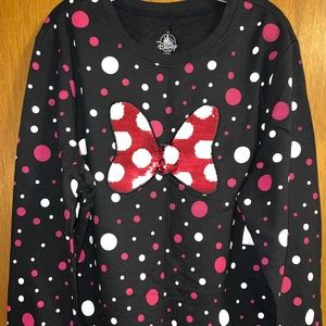 NWT Disney Woman's XXL Minnie Mouse Bow Black Sweatshirt with Fuschia/White Dots